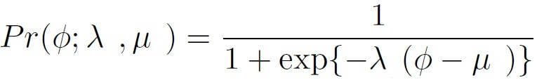$\displaystyle Pr (\theta; \alpha, \beta) = \frac{1}{ 1+\exp\{-\alpha(\theta-\beta)\}}$